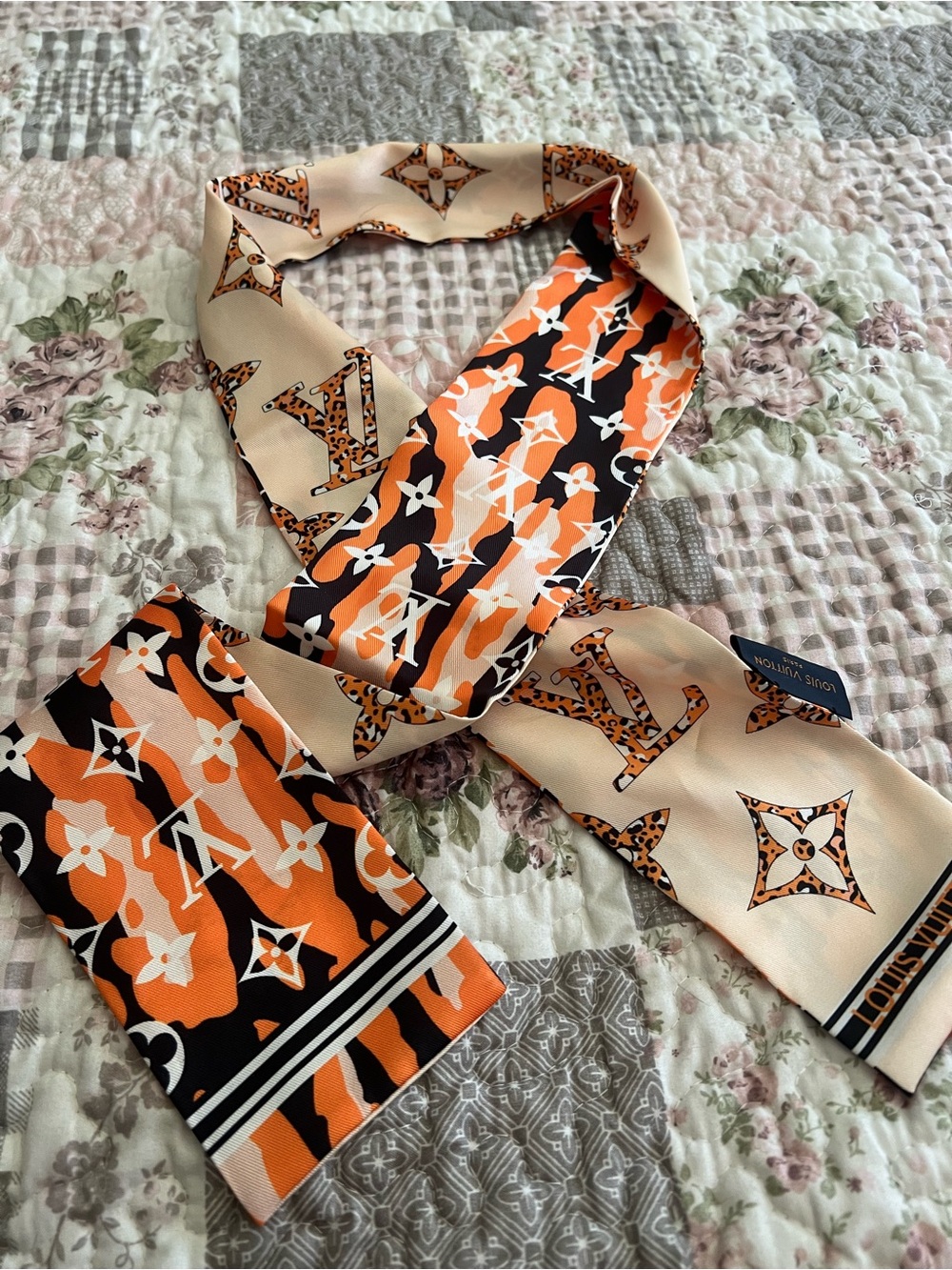 Louis Vuitton Orange Black Cream Monogram Silk Twilly